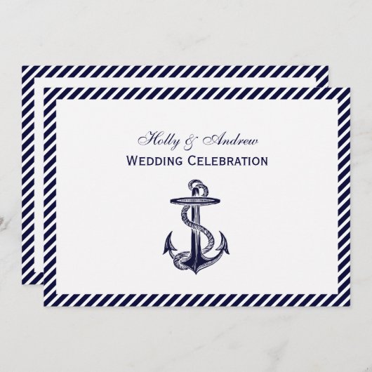 Nautical Anchor Navy Diag Stripe 2H Wedding Kaart (Voorkant / Achterkant)