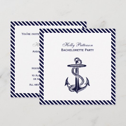 Nautical Anchor Navy Diag Stripe 2SQ Bachelorette Kaart (Voorkant / Achterkant)