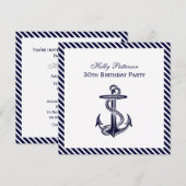 Nautical Anchor Navy Diag Stripe 2SQ Birthday Pty Kaart (Voorkant / Achterkant)