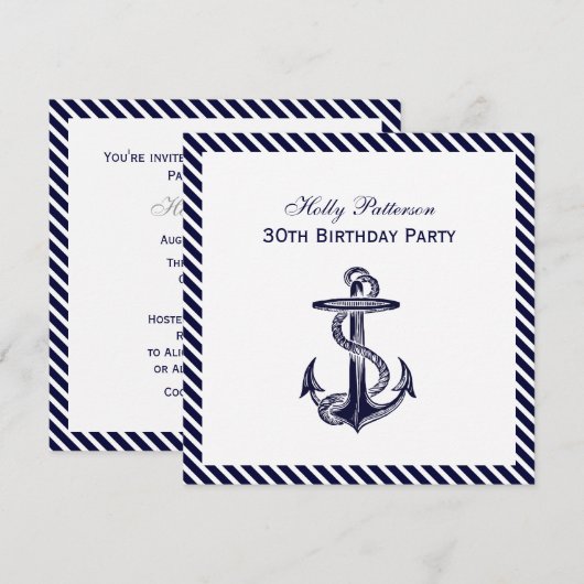 Nautical Anchor Navy Diag Stripe 2SQ Birthday Pty Kaart (Voorkant / Achterkant)