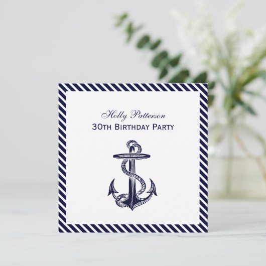 Nautical Anchor Navy Diag Stripe 2SQ Birthday Pty Kaart (Staand voorkant)