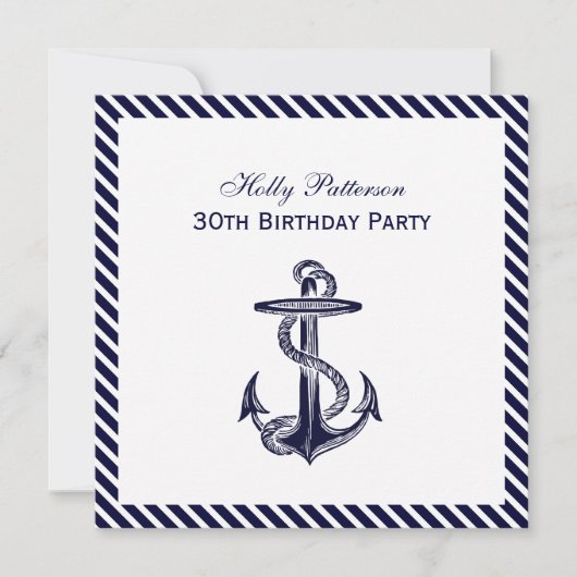 Nautical Anchor Navy Diag Stripe 2SQ Birthday Pty Kaart (Voorkant)