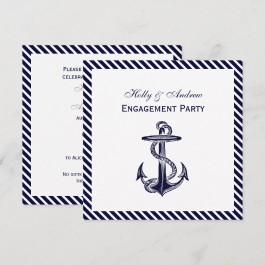 Nautical Anchor Navy Diag Stripe 2SQ Verloving Kaart (Voorkant / Achterkant)