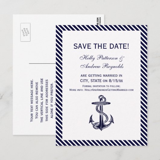 Nautical Anchor Navy Diag Stripe 2V Save the Date Aankondigingskaart (Voorkant / Achterkant)