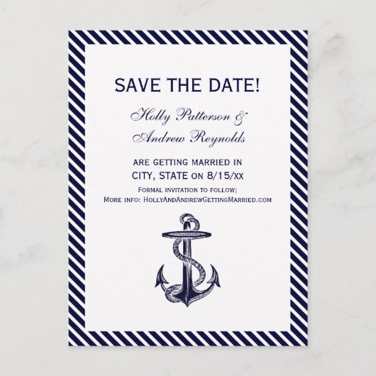 Nautical Anchor Navy Diag Stripe 2V Save the Date Aankondigingskaart (Voorkant)