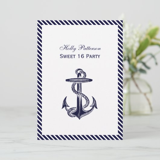 Nautical Anchor Navy Diag Stripe 2V Sweet 16 Kaart (Staand voorkant)