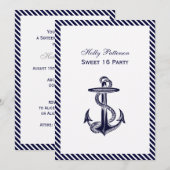 Nautical Anchor Navy Diag Stripe 2V Sweet 16 Kaart (Voorkant / Achterkant)