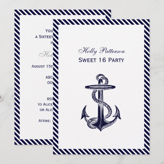 Nautical Anchor Navy Diag Stripe 2V Sweet 16 Kaart (Voorkant / Achterkant)