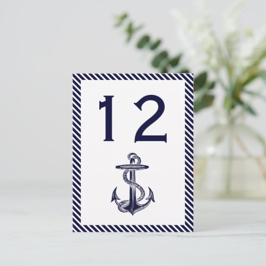 Nautical Anchor Navy Diag Stripe 2V Table Number Briefkaart (Staand voorkant)
