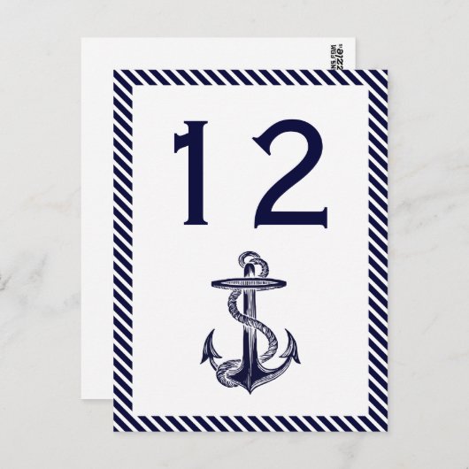 Nautical Anchor Navy Diag Stripe 2V Table Number Briefkaart (Voorkant / Achterkant)