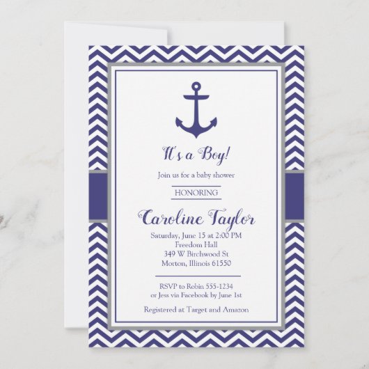 Nautical Anchor Navy Grey Baby shower Invitation Kaart (Voorkant)
