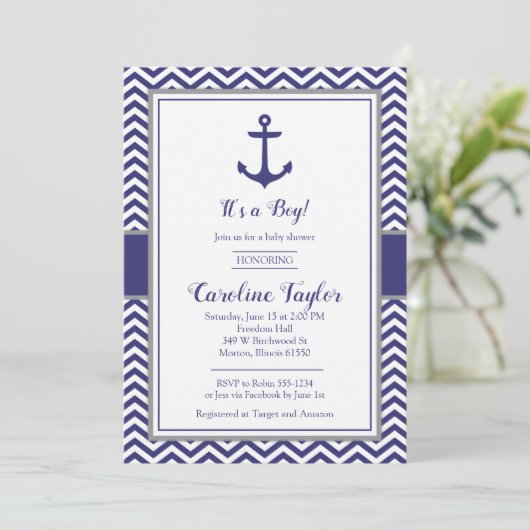 Nautical Anchor Navy Grey Baby shower Invitation Kaart (Staand voorkant)