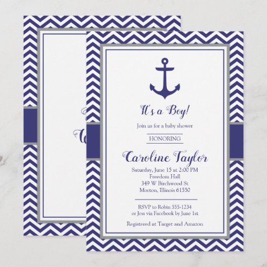 Nautical Anchor Navy Grey Baby shower Invitation Kaart (Voorkant / Achterkant)