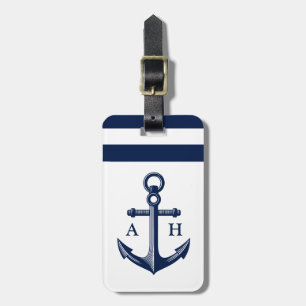Nautical Anchor Navy Monogram Bagagelabel