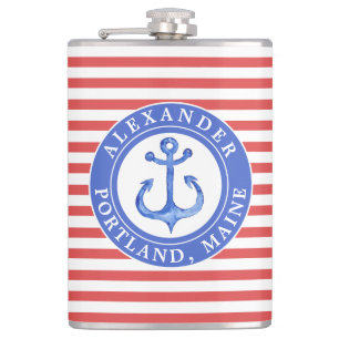 Nautical Anchor Navy Personalized Red Hip Flask Heupfles
