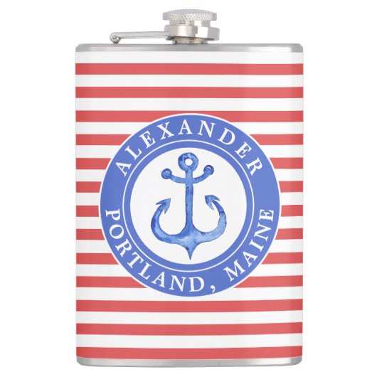 Nautical Anchor Navy Personalized Red Hip Flask Heupfles (Voorkant)