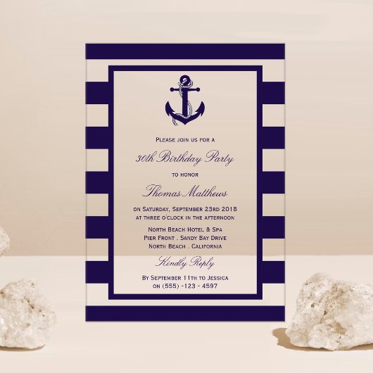 Nautical Anchor Navy Stripe Beach Birthday Party Acryl Uitnodigingen