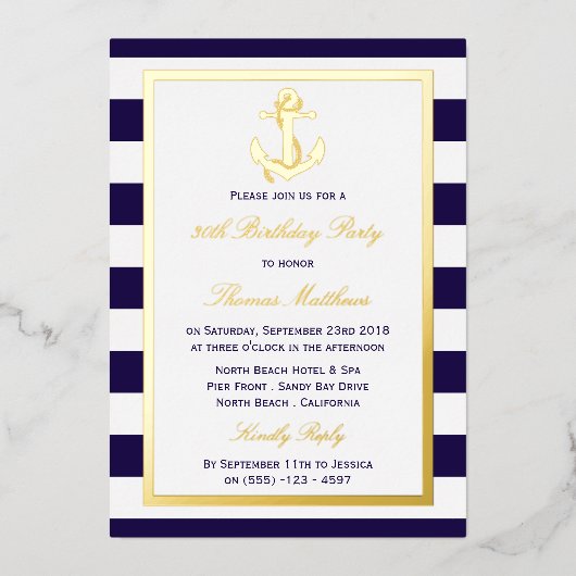 Nautical Anchor Navy Stripe Beach Birthday Party Folie Uitnodiging (Voorkant)