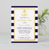 Nautical Anchor Navy Stripe Beach Birthday Party Folie Uitnodiging (Staand Voorkant)
