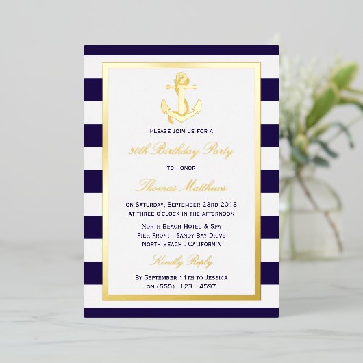 Nautical Anchor Navy Stripe Beach Birthday Party Folie Uitnodiging (Staand Voorkant)