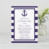 Nautical Anchor Navy Stripe Beach Birthday Party Kaart (Staand voorkant)