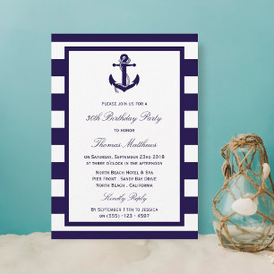 Nautical Anchor Navy Stripe Beach Birthday Party Kaart