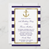Nautical Anchor Navy Stripe Beach Birthday Party Kaart (Voorkant)