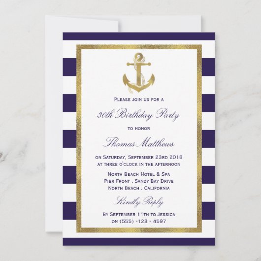 Nautical Anchor Navy Stripe Beach Birthday Party Kaart (Voorkant)