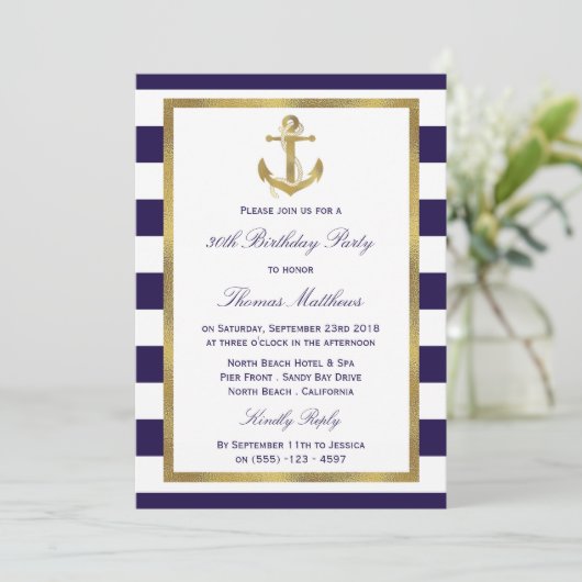 Nautical Anchor Navy Stripe Beach Birthday Party Kaart (Staand voorkant)