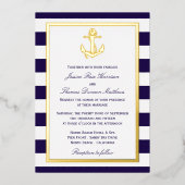 Nautical Anchor Navy Stripe Wedding Real Folie Uitnodiging (Voorkant)