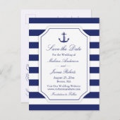 Nautical Anchor Navy Stripe Wedding Save the Date Aankondigingskaart (Voorkant / Achterkant)