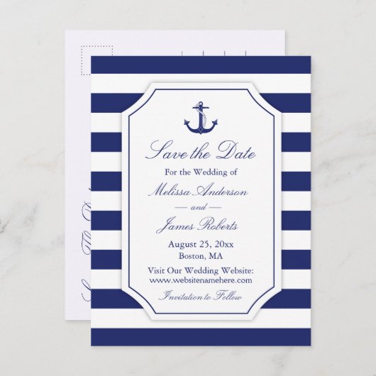 Nautical Anchor Navy Stripe Wedding Save the Date Aankondigingskaart (Voorkant / Achterkant)