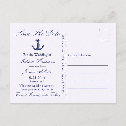 Nautical Anchor Navy Stripe Wedding Save the Date Aankondigingskaart (Achterkant)