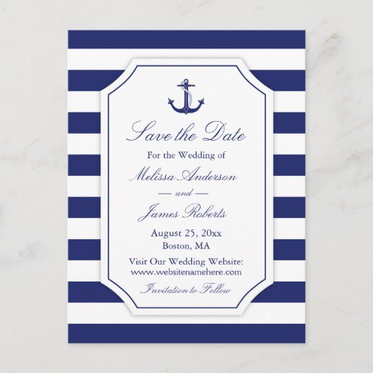 Nautical Anchor Navy Stripe Wedding Save the Date Aankondigingskaart (Voorkant)