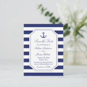 Nautical Anchor Navy Stripe Wedding Save the Date Aankondigingskaart (Staand voorkant)