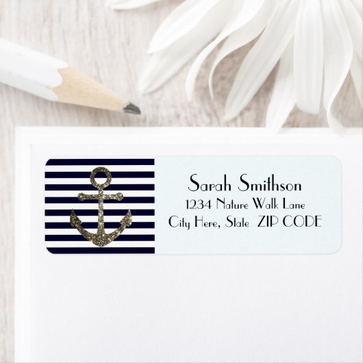 Nautical Anchor Navy Striped Adres Retourlabels Etiket (Insitu)
