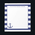 Nautical Anchor Navy Stripes Aangepast 5,5 x 6 Notitieblok<br><div class="desc">Pas deze nautische notities aan met uw eigen tekst. Het ontwerp kenmerkt een anker en touwtekening met een blauw gestreepte zeegrens.</div>