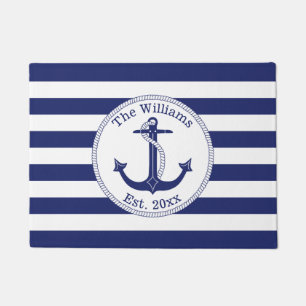 Nautical Anchor Navy Stripes Familienaam 18 x 24 Deurmat