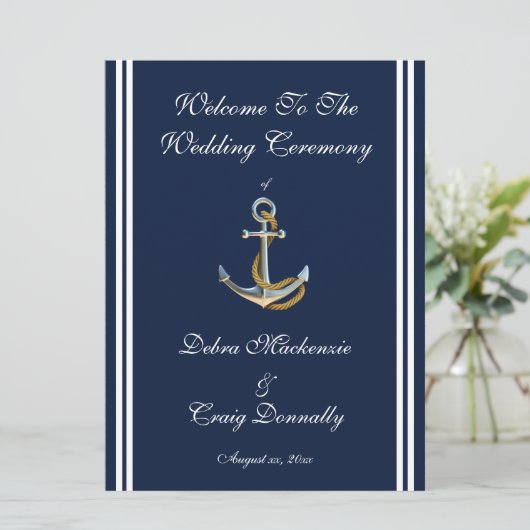 Nautical Anchor, Navy, Wedding Programme Programmakaart (Staand voorkant)