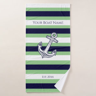 Nautical Anchor Navy White Green Stripe Bath Towel Badhanddoek