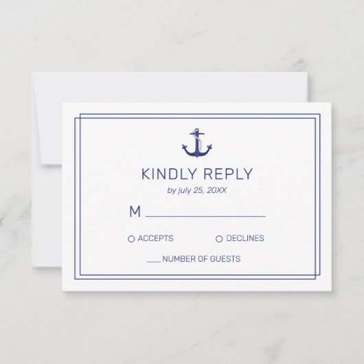 Nautical Anchor Navy & White Minimalist Wedding RSVP Kaartje (Voorkant)