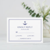 Nautical Anchor Navy & White Minimalist Wedding RSVP Kaartje (Staand voorkant)