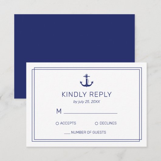 Nautical Anchor Navy & White Minimalist Wedding RSVP Kaartje (Voorkant / Achterkant)