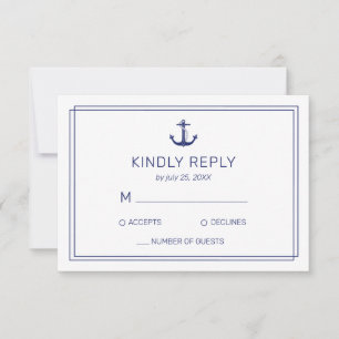 Nautical Anchor Navy & White Minimalist Wedding RSVP Kaartje