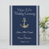 Nautical Anchor - Navy & White Wedding Service Programmakaart (Staand voorkant)