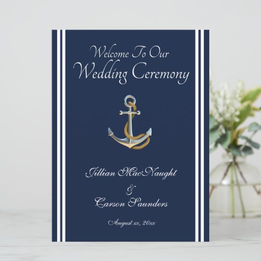 Nautical Anchor - Navy & White Wedding Service Programmakaart (Staand voorkant)
