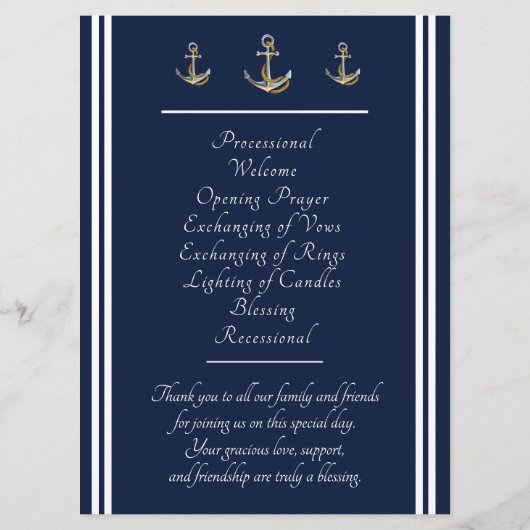 Nautical Anchor - Navy & White Wedding Service Programmakaart (Achterkant)