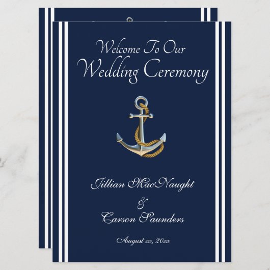 Nautical Anchor - Navy & White Wedding Service Programmakaart (Voorkant / Achterkant)