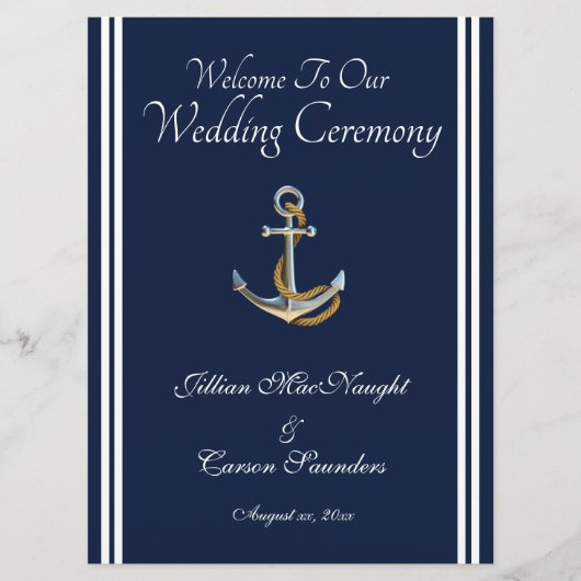 Nautical Anchor - Navy & White Wedding Service Programmakaart (Voorkant)