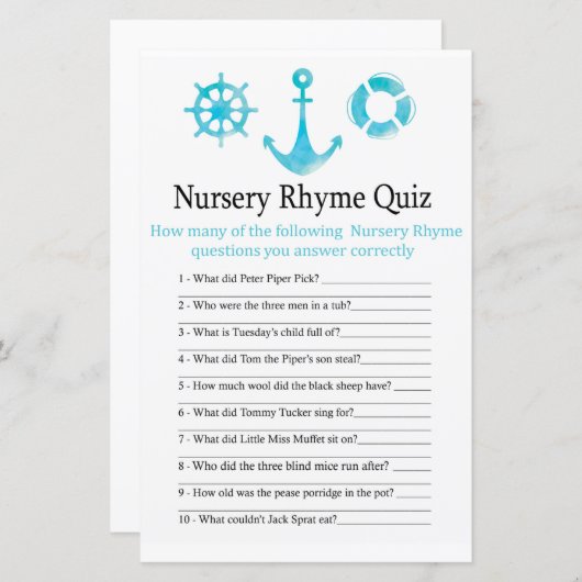 Nautical Anchor Nursery Rhyme Quiz baby showergame (Voorkant / Achterkant)